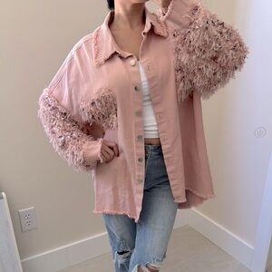 Pink denim faux fur and sequins jacket